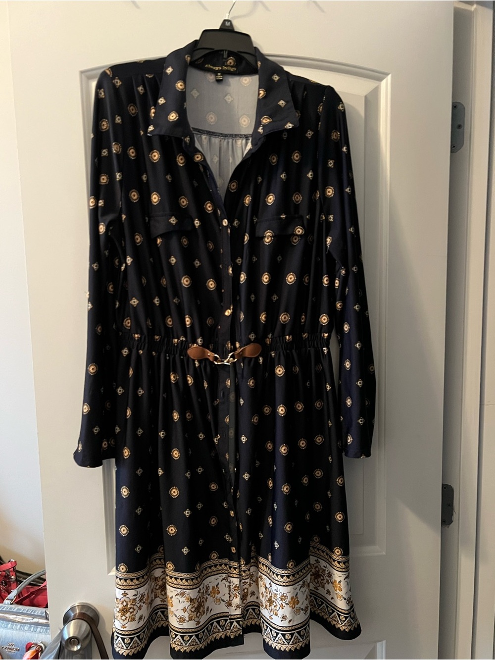 Long Sleeve Navy Printed Shirt Dress with Belt
